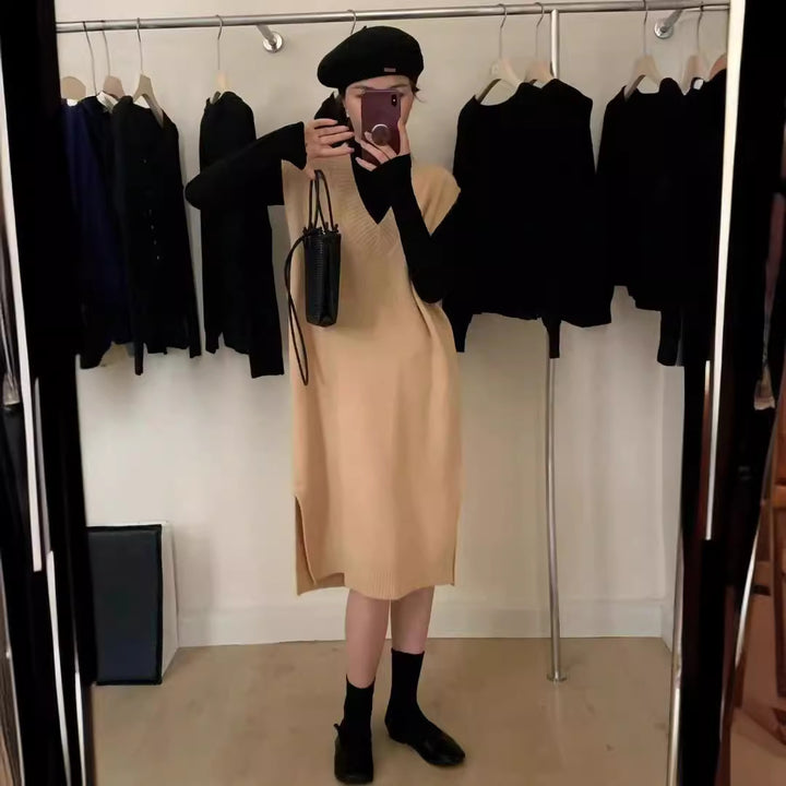 Damen Strickkleid mit elegantem V-Ausschnitt und seitlichem Schlitz Drune