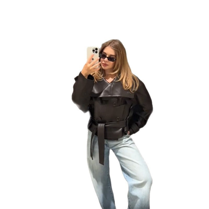 Damen Modische Cropped-Lederjacke mit doppelter Knopfleiste und breitem Kragen Drune