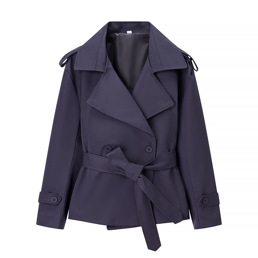 Damen nan kurze Trenchcoat Jacke mit Taillengürtel breitem Revers und dekorativen Schulterklappen Drune