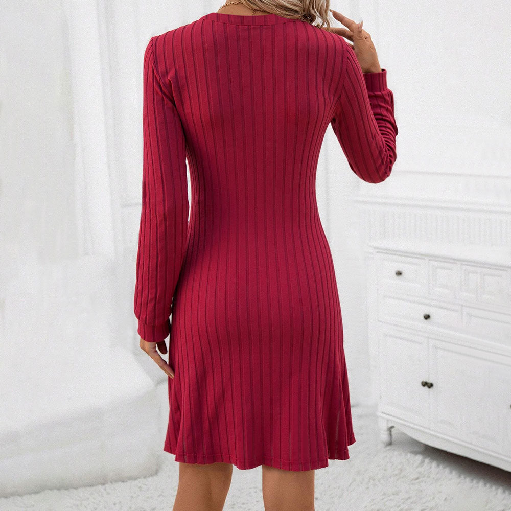 Damen Strickkleid mit V-Ausschnitt und langem Ärmel Drune