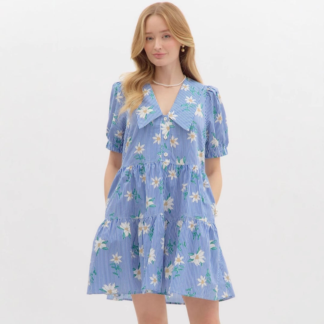 Damen Blumen Kleid mit gestreiftem Design und Knopfleiste Drune