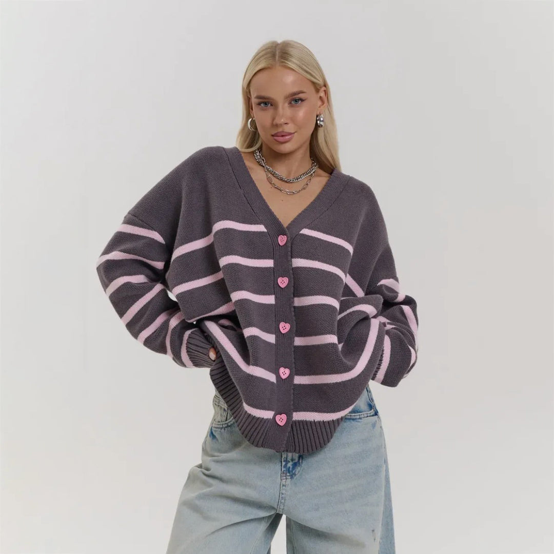 Damen Grob gestrickter Cardigan mit zarten Streifen Drune