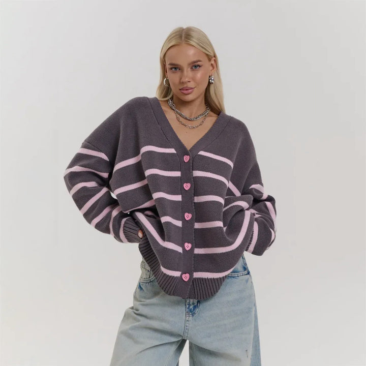 Damen Grob gestrickter Cardigan mit zarten Streifen Drune
