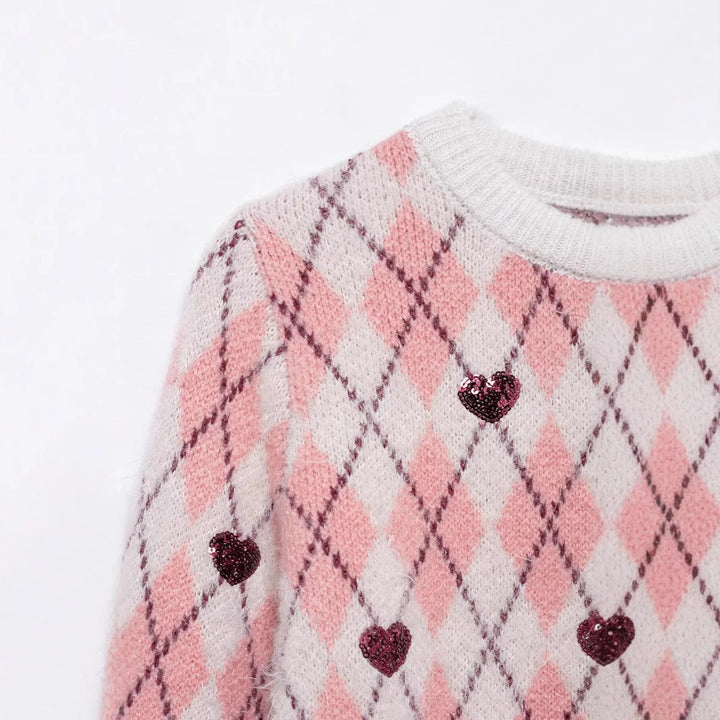 Damen Pullover mit herzförmigem Pattern und Glitzerelementen Drune