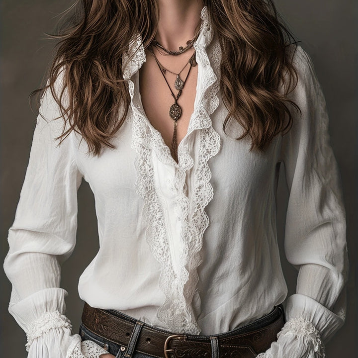 Damen elegante Bluse mit Rüschendetails und Spitzenbesatz Drune