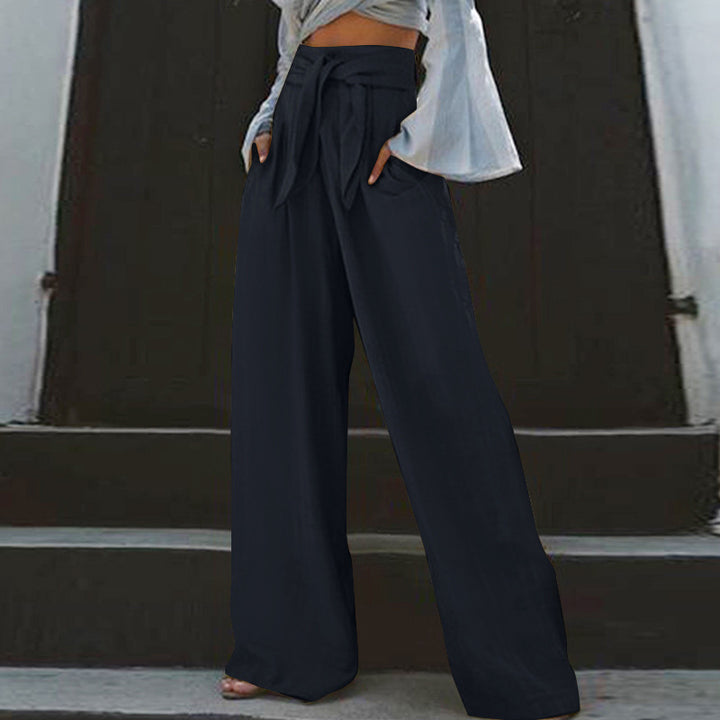Damen nan weite High-Waist Leinenhose mit Bindegürtel und Eingrifftaschen Drune