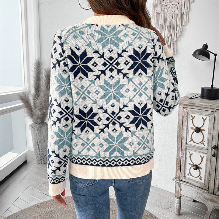 Damen Strickpullover mit winterlichen Mustern und Rundhalsausschnitt Drune
