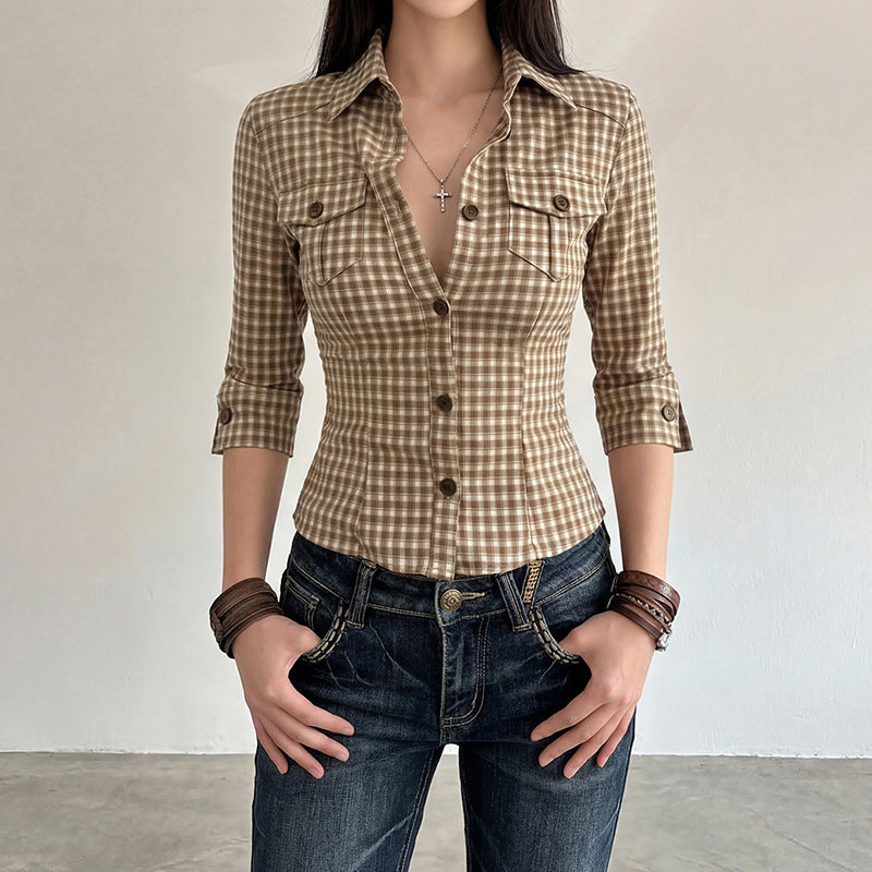 Damen Karierte Bluse mit tailliertem Schnitt und Brusttaschen Drune