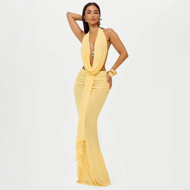 Damen Elegantes Strandkleid mit tiefem Ausschnitt und fließendem Stoff Drune