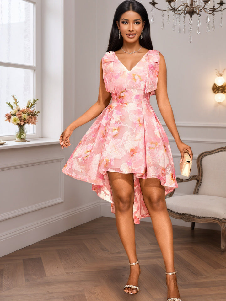Damen asymmetrisches Cocktailkleid mit Rüschendesign und floralem Muster Drune