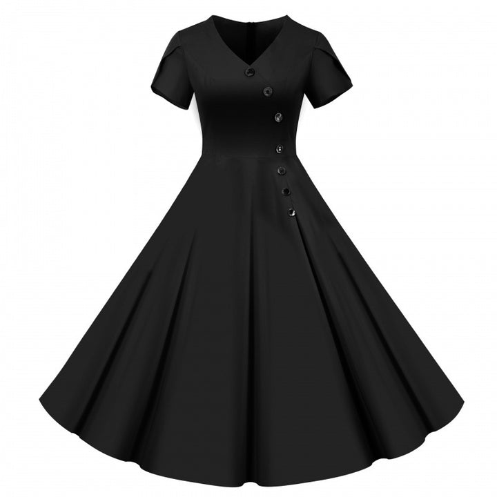Damen Swingkleid mit knöpfbarem V-Ausschnitt und weit schwingendem Rock Drune