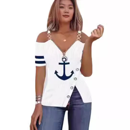 Damen Off-Shoulder Oberteil mit maritimem Motiv und dekorativen Knöpfen Drune