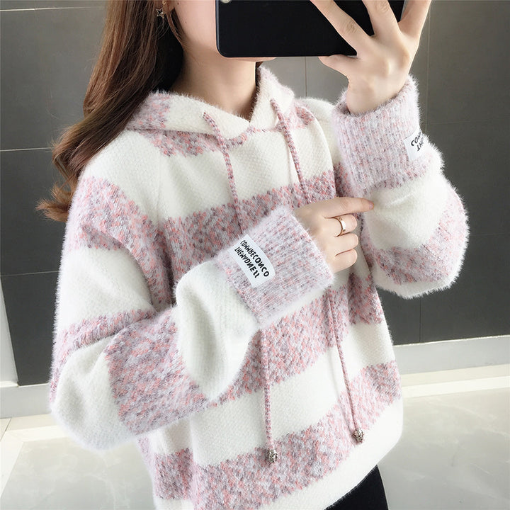 Damen Freizeit Hoodie mit strukturiertem Streifenmuster und Kordelzug Drune