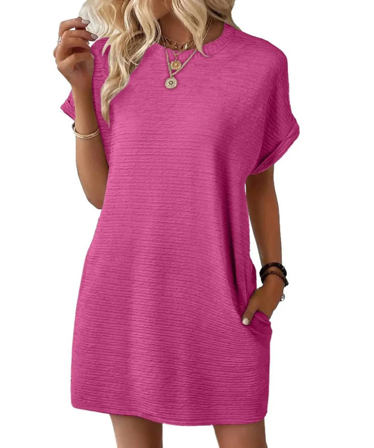 Damen lässiges Kurzarmkleid mit strukturiertem Stoff und seitlichen Taschen Drune