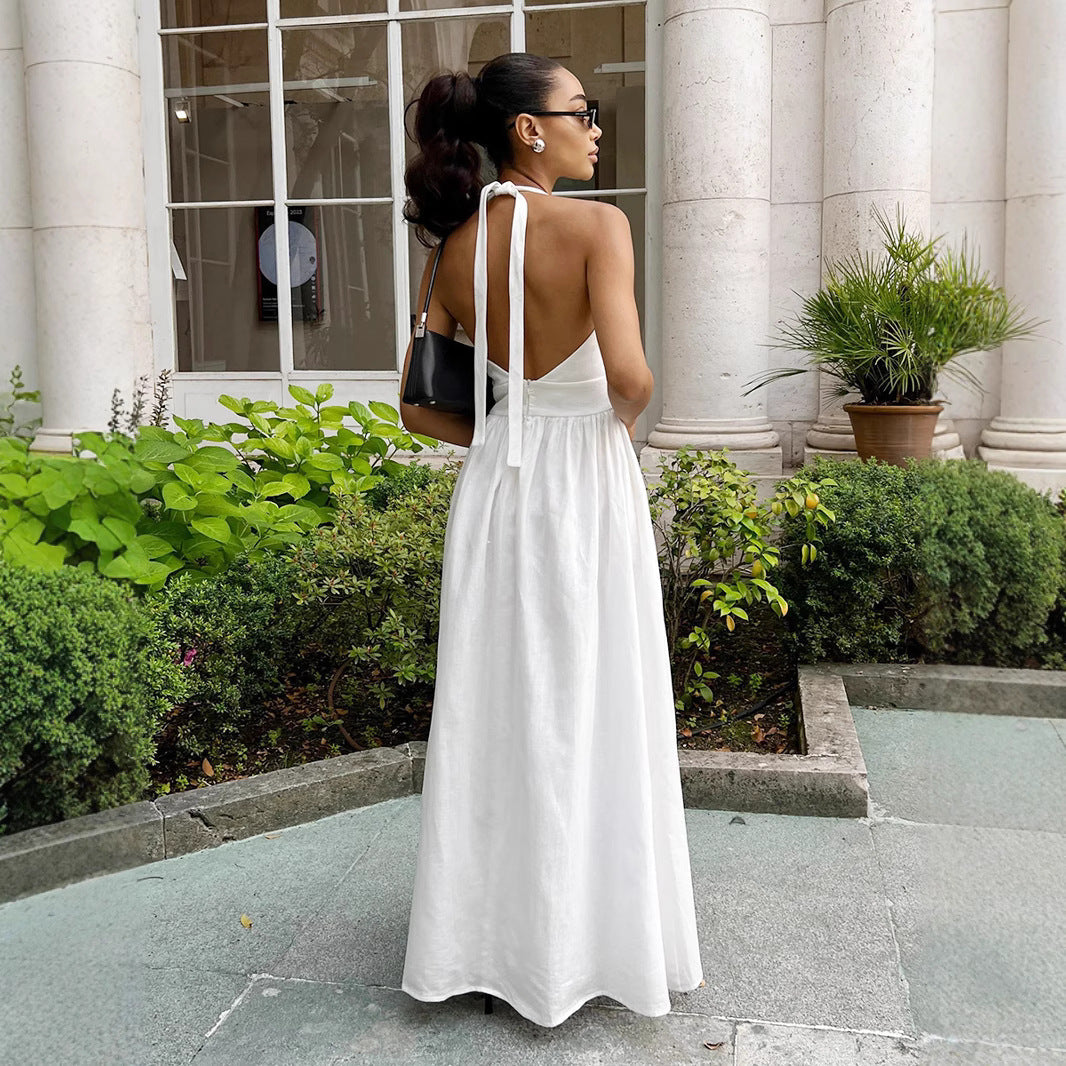 Damen Maxikleid mit tieferem V-Ausschnitt und fließendem Rock Drune