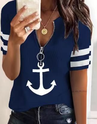 Damen Sportliches T-Shirt mit Reißverschluss und maritimen Motiven Drune
