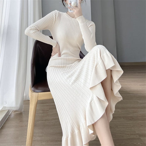 Damen Strickkleid mit eleganter Rippstruktur und fließendem Saum Drune