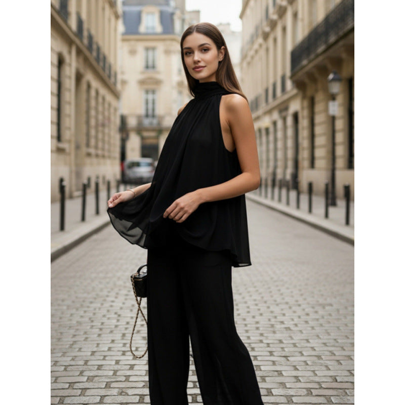 Damen Elegantes Chiffonoberteil mit tiefem Wasserfallausschnitt und fließendem Stoff Drune