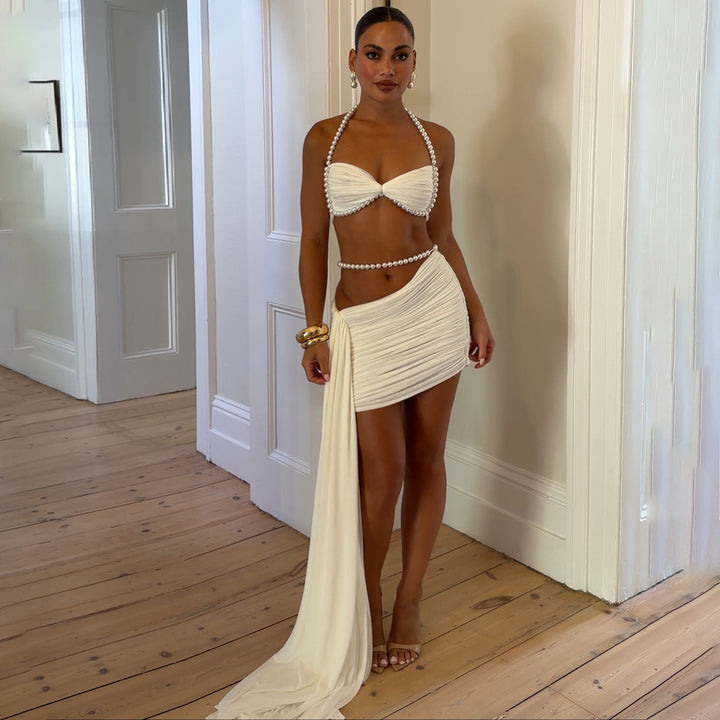 Damen Elegantes Bikiniset mit drapierten Details und Perlenakzenten Drune