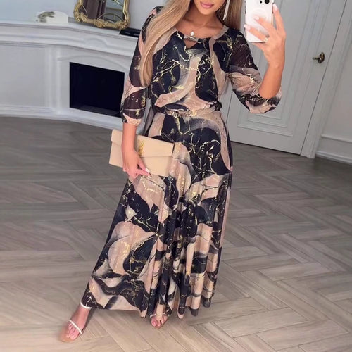 Damen nan Maxikleid mit abstraktem Marmorprint, Chiffon-Overlay, Schlüssel-Loch-Ausschnitt und elastischer Taillenpasse Drune