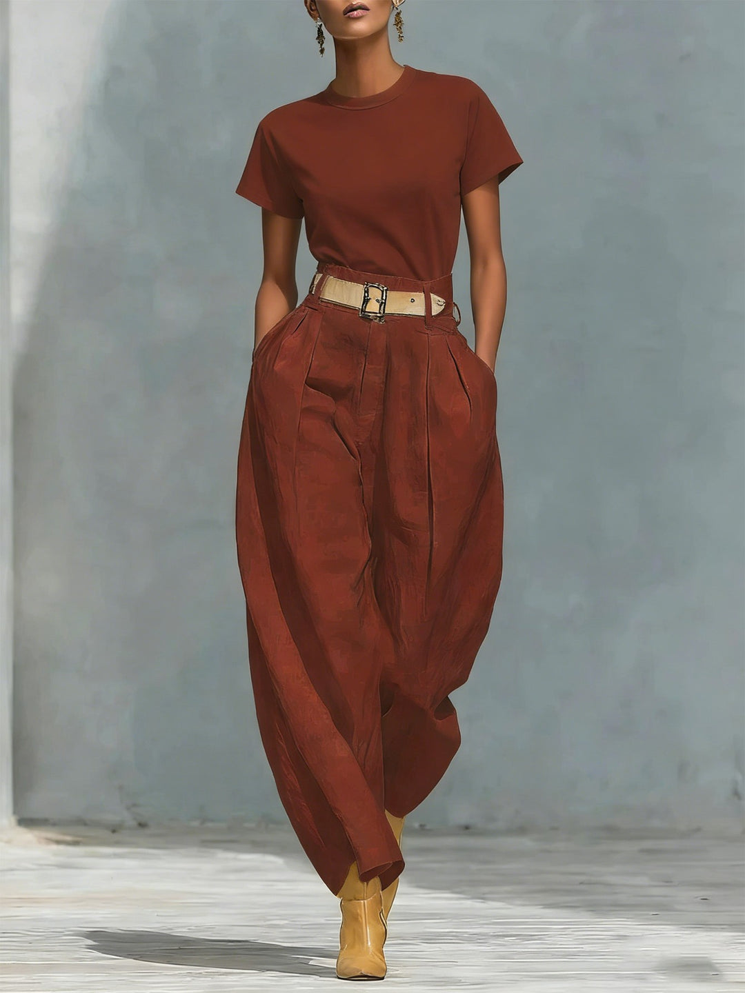 Damen Elegante Bundfaltenhose mit lockerer Passform und verstellbarem Gürtel Drune