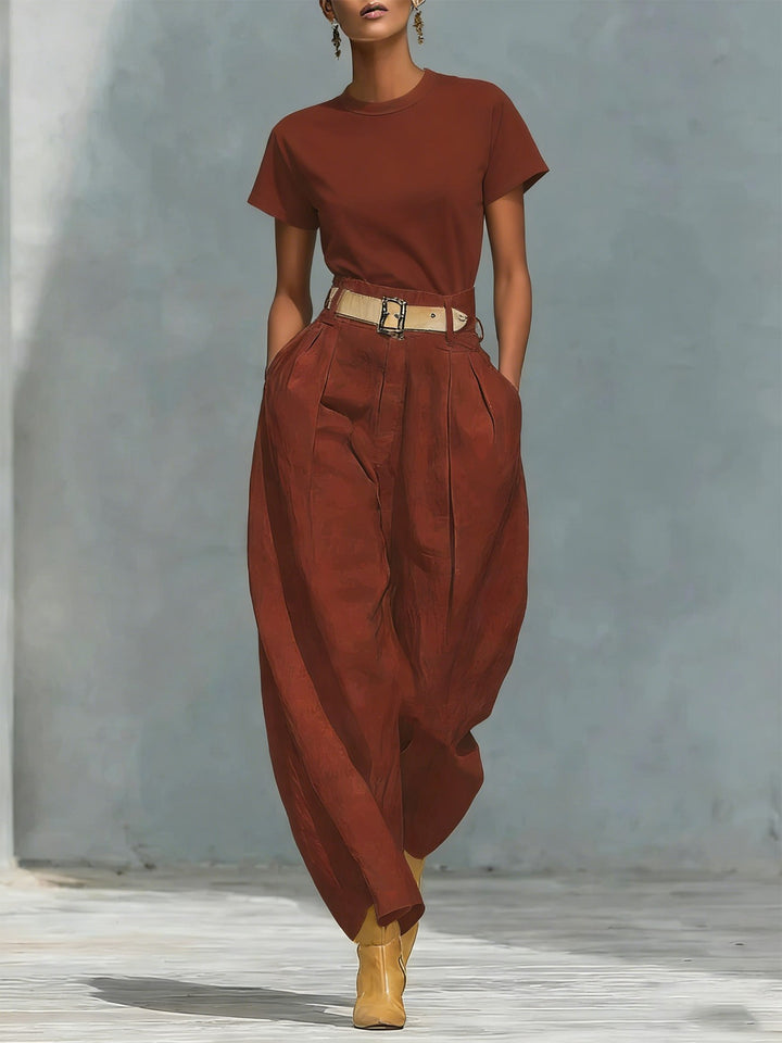 Damen Elegante Bundfaltenhose mit lockerer Passform und verstellbarem Gürtel Drune
