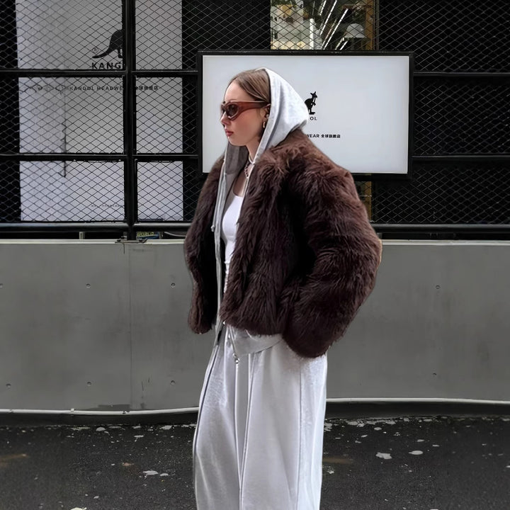 Damen Luxuriöse Kunstpelzjacke mit voluminösen Ärmeln und elegantem Schnitt Drune