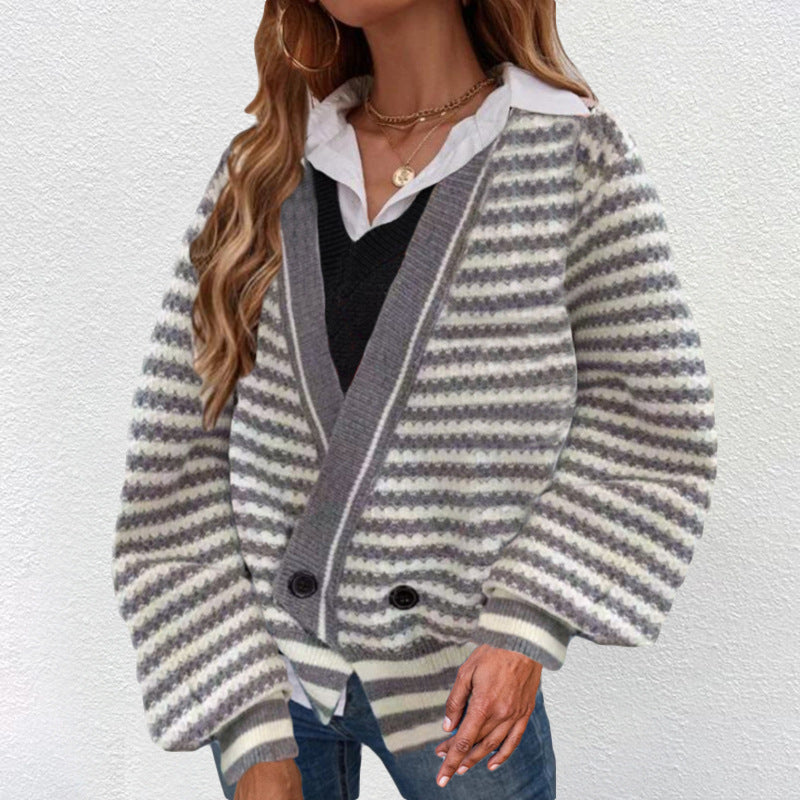 Damen Grobstrick Cardigan mit V-Ausschnitt und modernen Streifen Drune