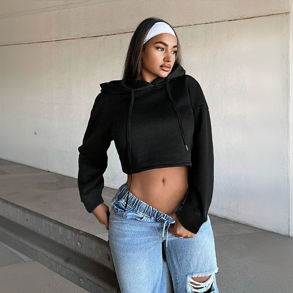 Damen cropped Sweatshirt mit lockerer Passform und Kapuze Drune