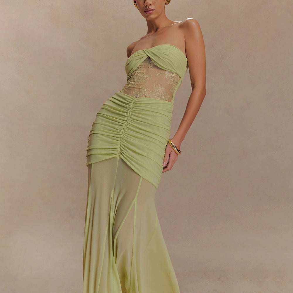 Damen Glamouröses Abendkleid mit Spitzenakzenten und figurbetonter Raffung Drune