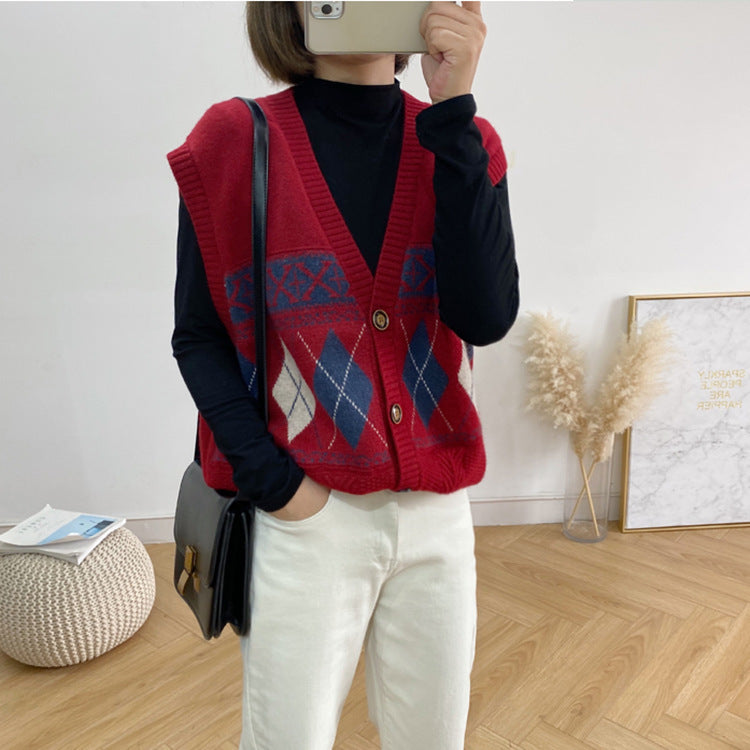 Damen Strickweste mit elegantem Rautenmuster und Knopfdetail Drune
