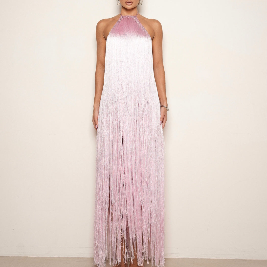 Damen Fransen Maxikleid mit hochgeschlossenem Design und schimmernden Effekten Drune