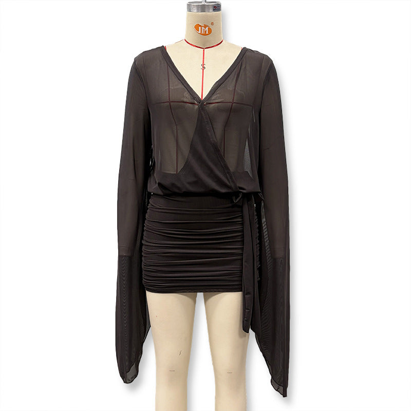 Damen Wickelbluse mit transparenten Ärmeln und figurformendem Design Drune