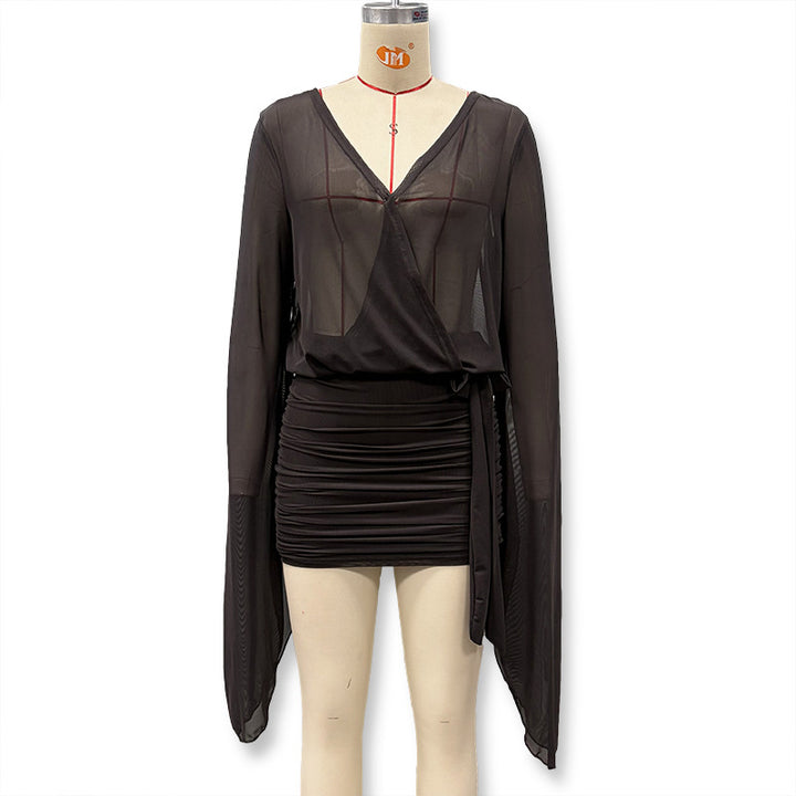 Damen Wickelbluse mit transparenten Ärmeln und figurformendem Design Drune