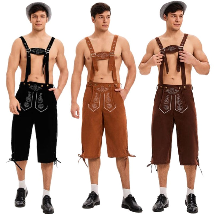 Herren nan traditionelle kurze Trachtenlederhose mit bestickten verstellbaren Hosenträgern Drune