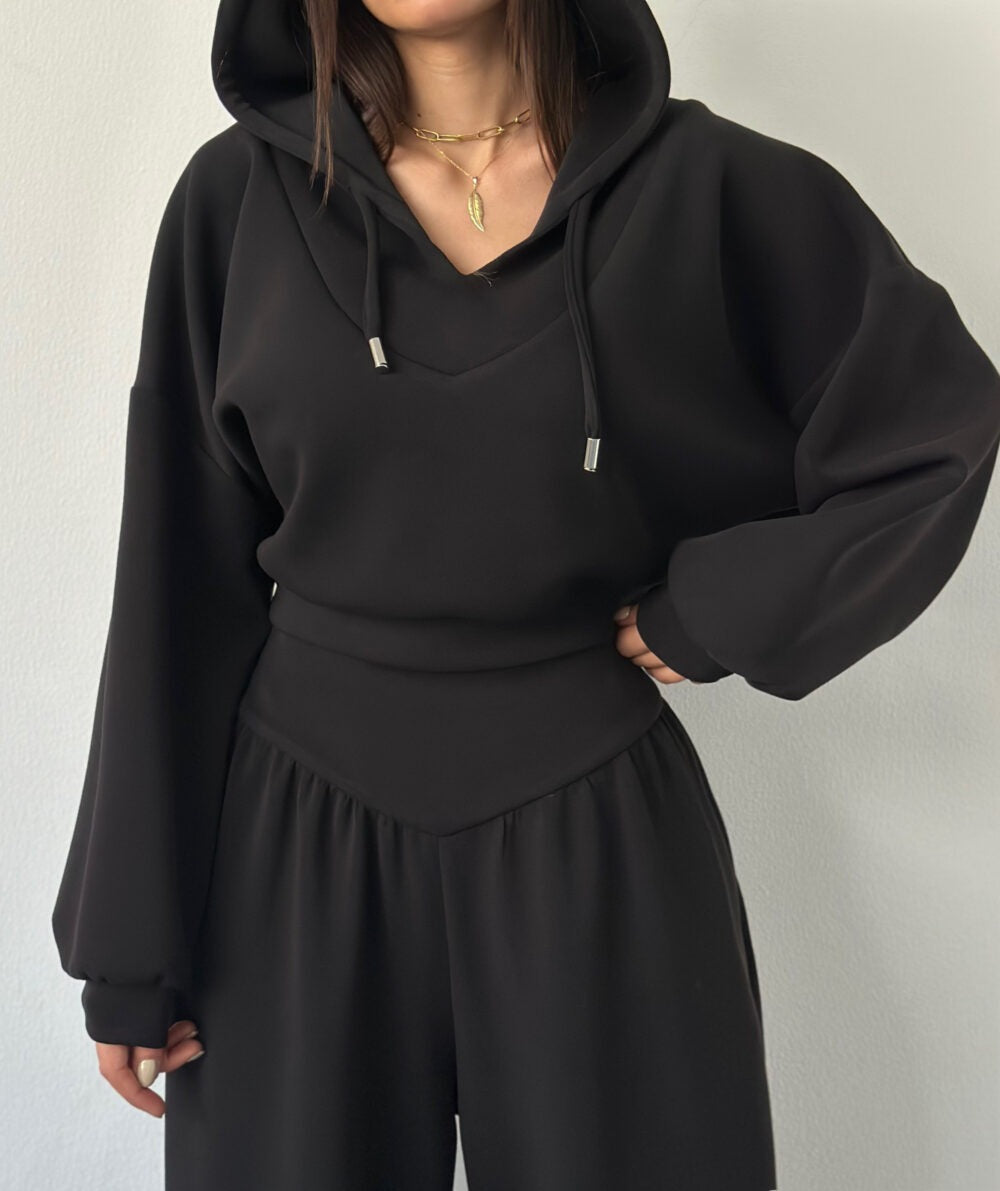 Damen nan luxuriöses Freizeitset Kapuzenpullover mit V-Ausschnittdetail und Culotte mit hoher Taille Drune