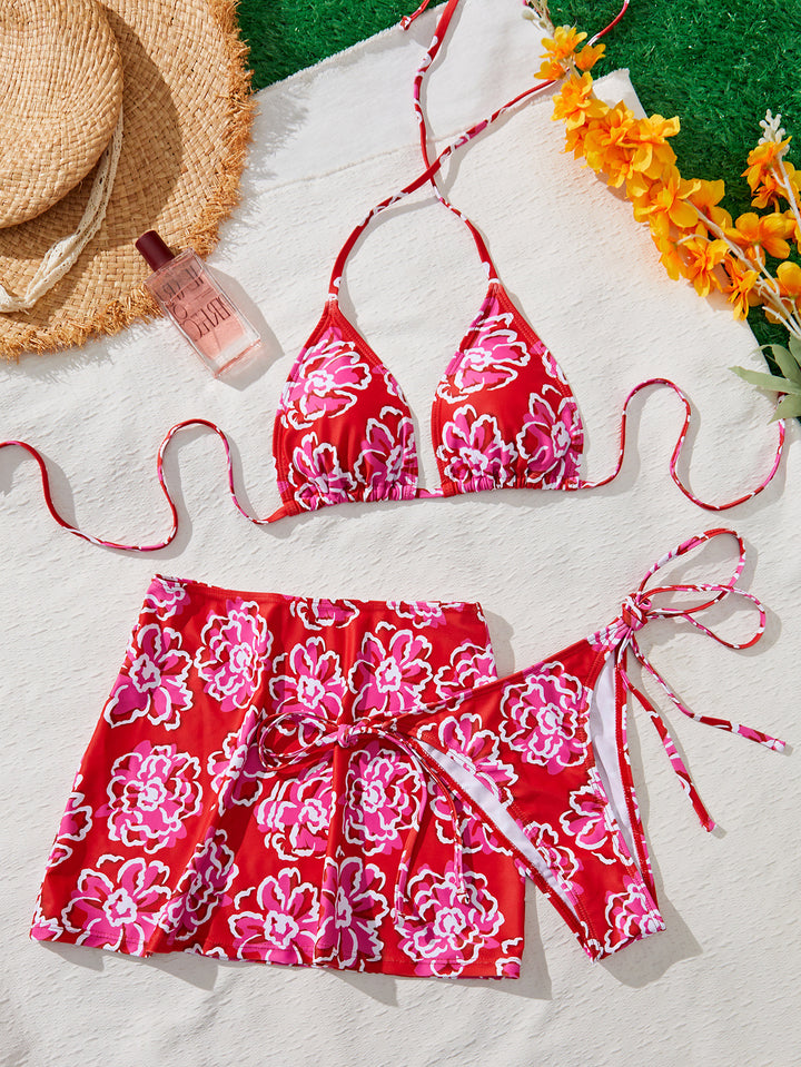 Damen Bikini-Set mit floralem Rock und raffinierten Bindebändern Drune