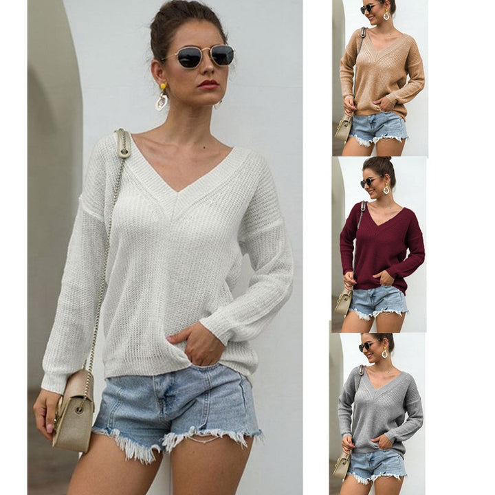 Damen lässiger Strickpullover mit V-Ausschnitt und strukturiertem Muster Drune
