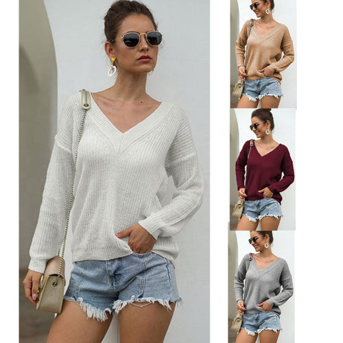 Damen lässiger Strickpullover mit V-Ausschnitt und strukturiertem Muster Drune