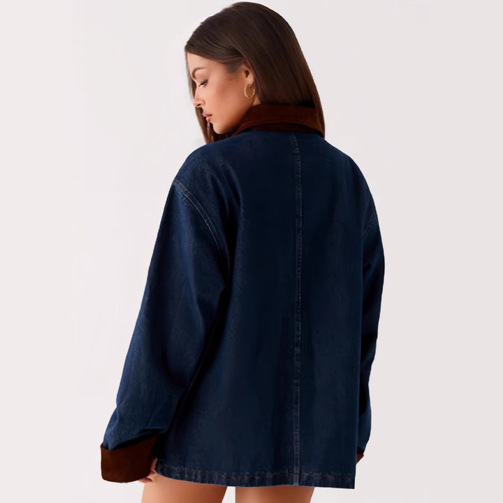Damen Denimjacke mit Kapuze und kontrastierenden Ärmeln Drune