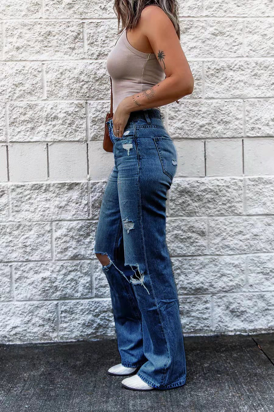 Drune | Damen High Waist Ripped Jeans mit Weitem Bein