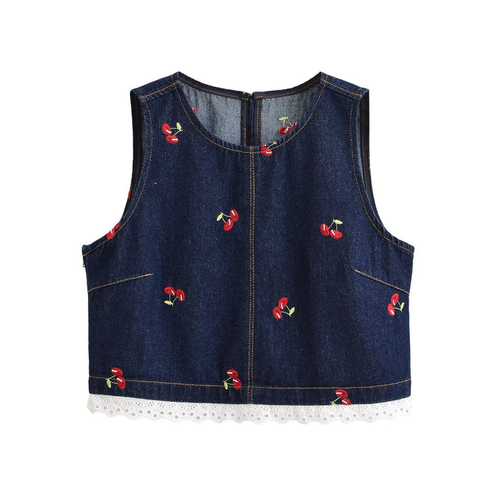 Damen Designer-Cropped-Top mit floralem Stickmuster und Spitzenbesatz Drune