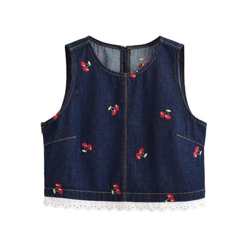 Damen Designer-Cropped-Top mit floralem Stickmuster und Spitzenbesatz Drune