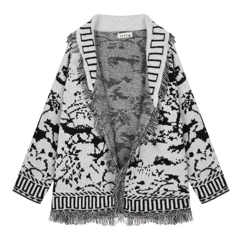 Damen Fransen-Strickjacke mit grafischem Muster und offenen Vorderteilen Drune