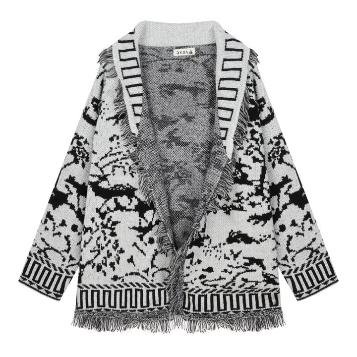 Damen Fransen-Strickjacke mit grafischem Muster und offenen Vorderteilen Drune