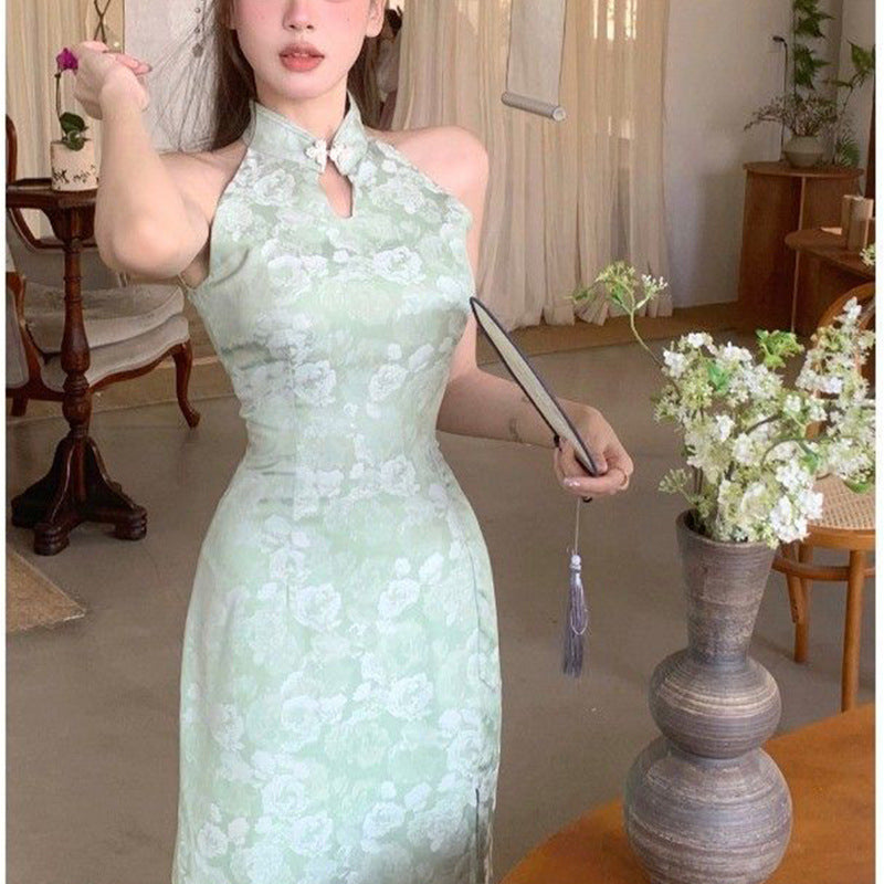 Damen Elegantes Abendkleid mit schickem Hochkragen und floralem Muster Drune