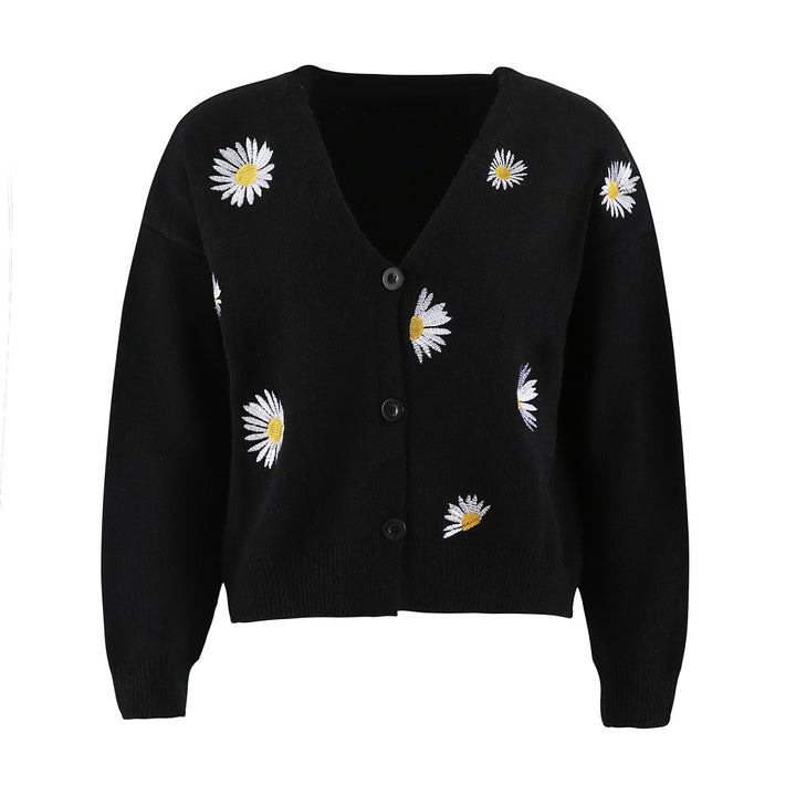Damen Strickjacke mit Blumenstickerei und V-Ausschnitt Drune