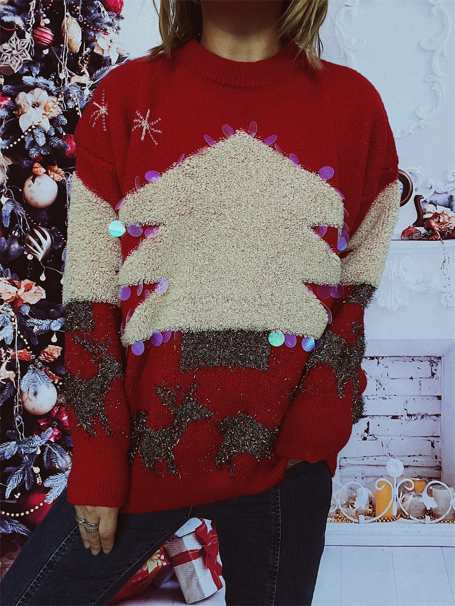 Damen festlicher Pullover mit weihnachtlichem Motiv und Glitzerapplikationen Drune