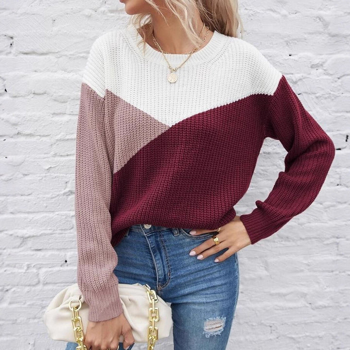 Damen Gemusterter Strickpullover mit modernem Farbblockdesign Drune