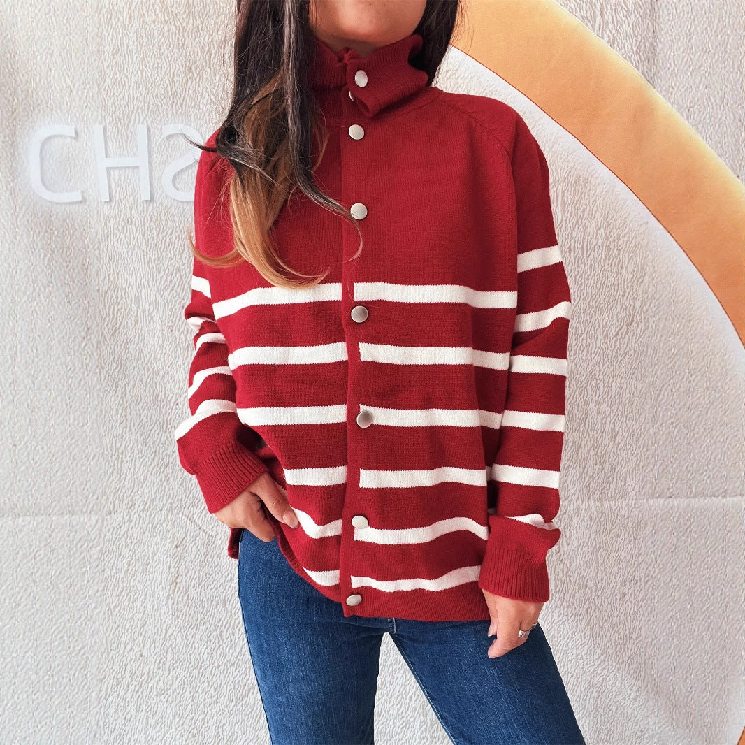 Damen gestreifter Strickcardigan mit Kapuze und Knopfdetails Drune
